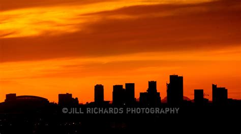 Skyline view of phoenix, arizona desert with saguaro cactus and city in background at sunset. Phoenix, Arizona downtown skyline | Jill Richards Photography