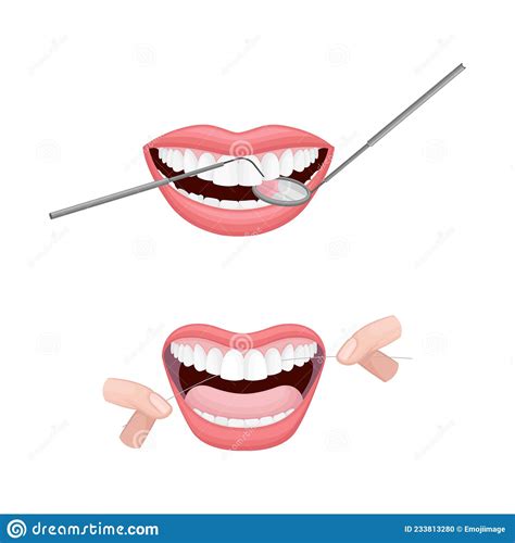 Open Mouth With Dental Tools And Floss Vector Set Stock Vector