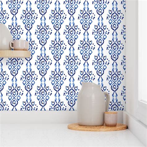 17 10v Blue Indigo Ikat Abstract Boho Wallpaper Spoonflower