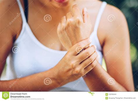 Close Up Woman Left Wrist Pain Stock Photo Image Of Illness Background