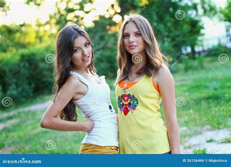 Two Pretty Caucasian Girls Friends Stock Photo Image Of Happy