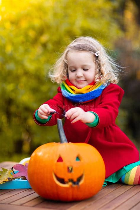 Kids Carving Halloween Pumpkin Stock Photo Image Of Autumn October