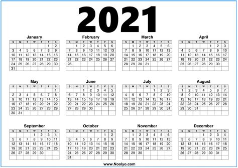 2021 Calendar Printable One Page 2021 Calendar