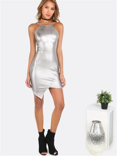 90s Neck Metallic Asymmetrical Bodycon Dress Silver Sheinsheinside