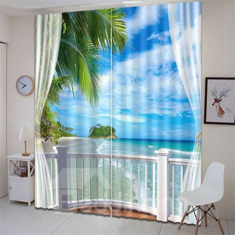 3d Seaside Beach Blue Sky White Cloud Printed Curtain Curtains