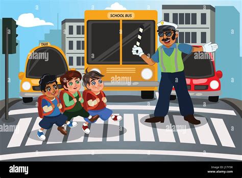 A Vector Illustration Of Children Crossing Street Walking Through