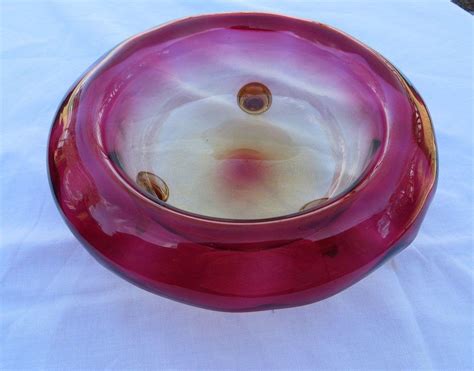 Signed Amberina By Libbey Early Art Glass Footed Console Fruit Bowl Rolled Edge 1858642342