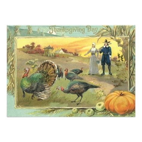 Vintage Thanksgiving With Turkeys And Pilgrims Holiday Card Vintage Thanksgiving