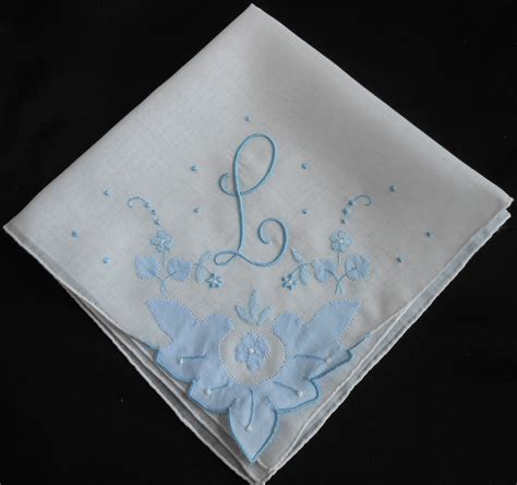 L Monogram Vintage White Wedding Hanky Blue Embroidery Madeira Style