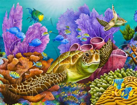 Carolyn Steele Tropical Art Print Coral Reef And Sea Turtle Etsy