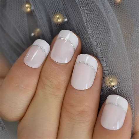 Classic French Mani Short Press On Nails Silver Glitter Line Etsy