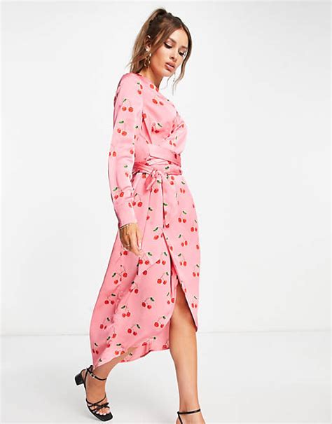 Never Fully Dressed Wrap Midi Dress In Pink Cherry Print Asos