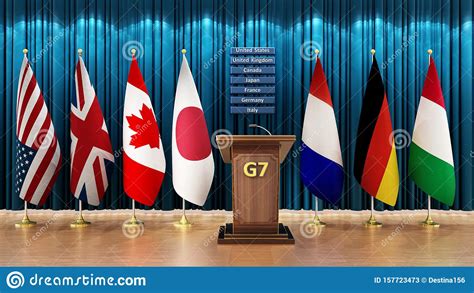Pride flag not permitted to fly at bases. G7 Country Flags Arranged In A Conference Room. 3D ...