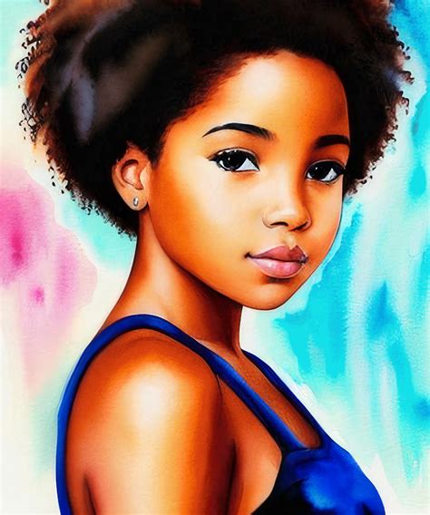 Portrait Of Beautiful African American Young Girl Watercolor Painting