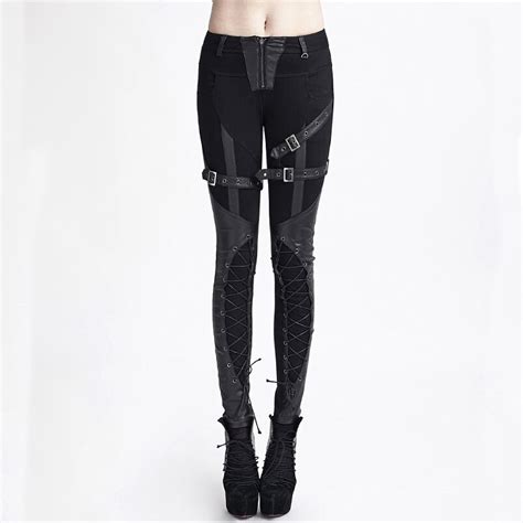punk stitching tight pants for women steampunk black slim fit stretch trousers personality strap