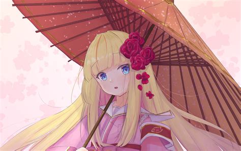 Download Wallpaper 2560x1600 Girl Kimono Umbrella Anime Art Pink
