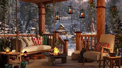 Winter Cozy Porch In Mountains With Bonfire Snow Falling Blizzard Sounds Youtube