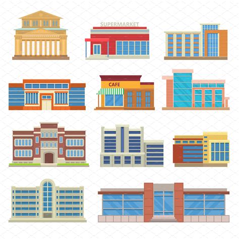 Set Of Commercial Buildings Vector Custom Designed Illustrations