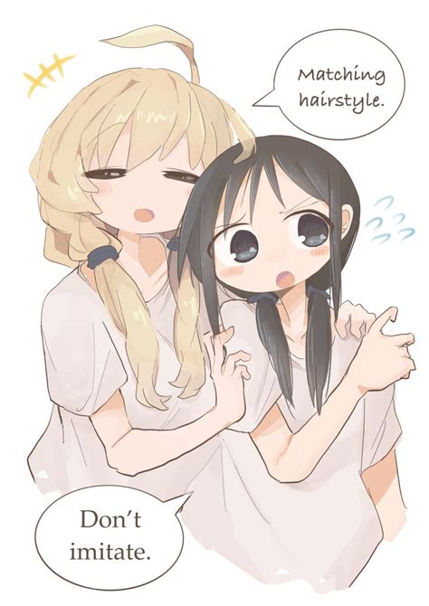 Safebooru 2girls Ahoge Alternate Hairstyle Black Eyes Black Hair Blonde Hair Blush