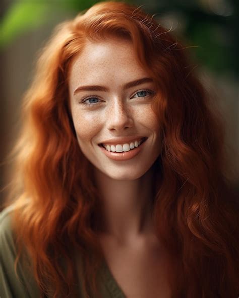 Premium Ai Image Happy Red Long Wavy Hair Woman With Big Smile And