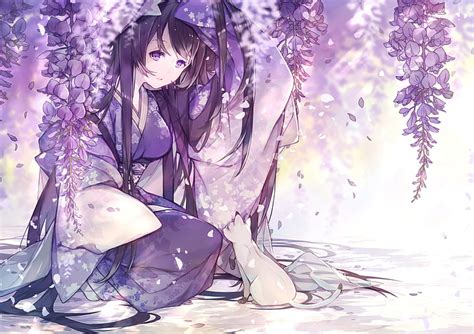 Hd Wallpaper Anime Girl Kimono Flowers Black Hair Cat Blossom