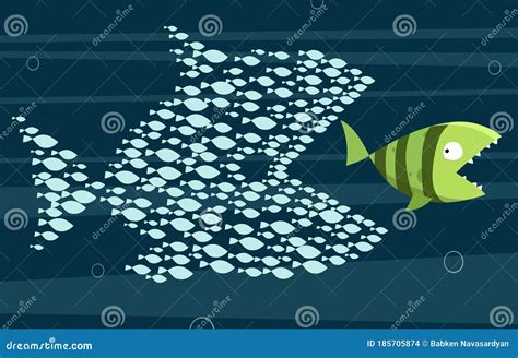 Unity Of Small Fish Eat Big Fish Teamwork Concept Stock Vector