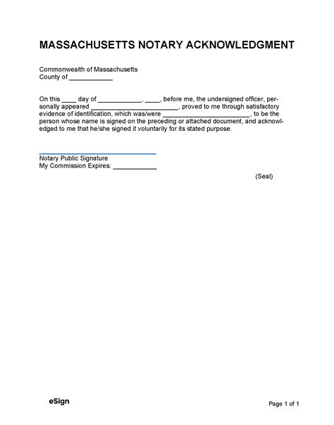 Free Massachusetts Notary Acknowledgment Form | PDF | Word
