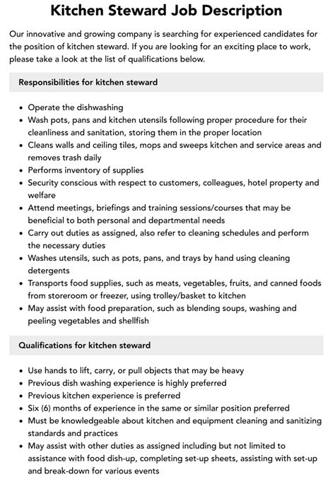 Kitchen Steward Job Description Velvet Jobs