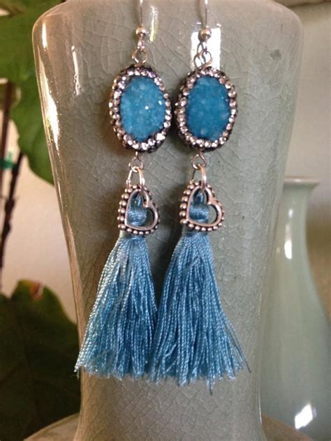Soft Blue Druzy With Crystals And Blue Silk Tassel With Etsy Blue