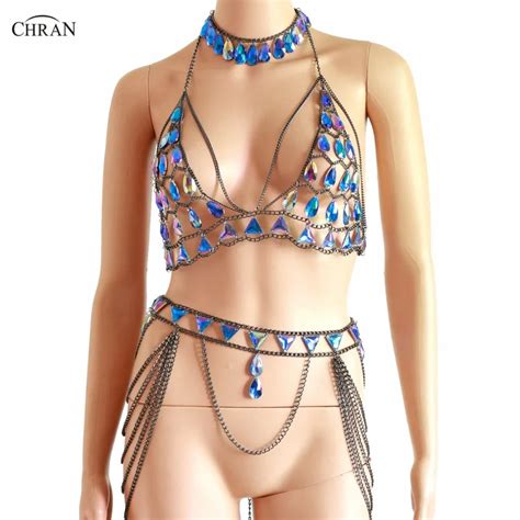 chran blue iridescent chainmail bralette body choker necklace festival bra crop top wear sexy