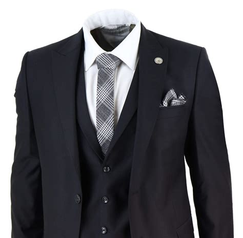 Mens 3 Piece Suit Black Tailored Fit Smart Formal 1920s Classic