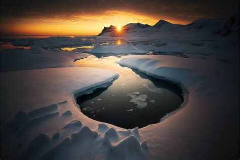 A Frozen Lake With A Sunset