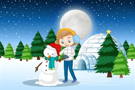 Scene With Cute Girl Making Snowman In Winter Time Stock Vector