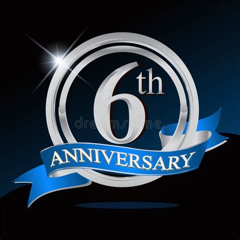 6th Anniversary Logo With Blue Ribbon And Silver Ring Vector Template