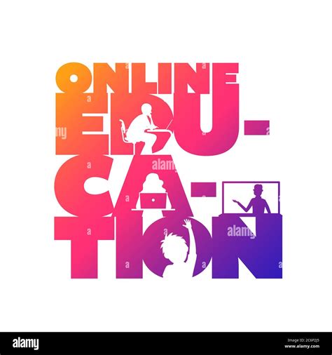 Online Education Concept Typographic Design Vector Silhouette Students