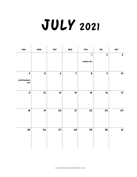 Downloadable July 2021 Calendar Printable Blank Calendar Template