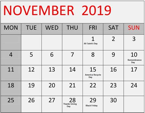 November 2019 Monthly Calendar With Holidays Word November 2019