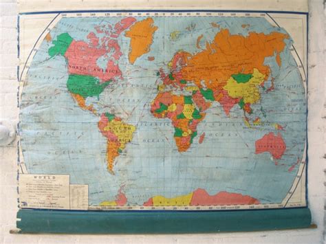Large Pull Down School World Map 1965