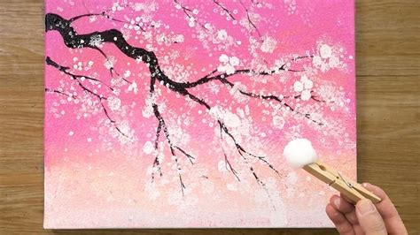 Cherry Blossom Tree Under Pink Sky Cotton Painting Technique 469