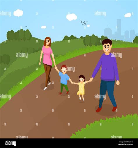 Felices Padres Y Niños Caminando En Un Parque El Parque Familiar