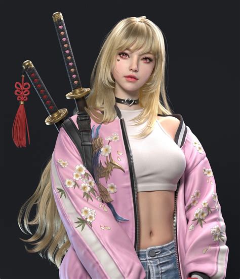 a woman with long blonde hair holding two swords in one hand and wearing a pink jacket on the other