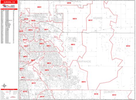 Aurora Colorado Zip Code Wall Map Red Line Style By Marketmaps