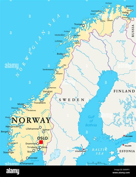Noruega Mapa Político Con Capital Oslo Las Fronteras Nacionales
