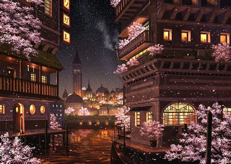 Ciudad De Anime Flor De Sakura Noche Edificios Luces Estrellas