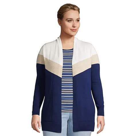 Plus Size Lands End Colorblock Open Front Long Cardigan Sweater