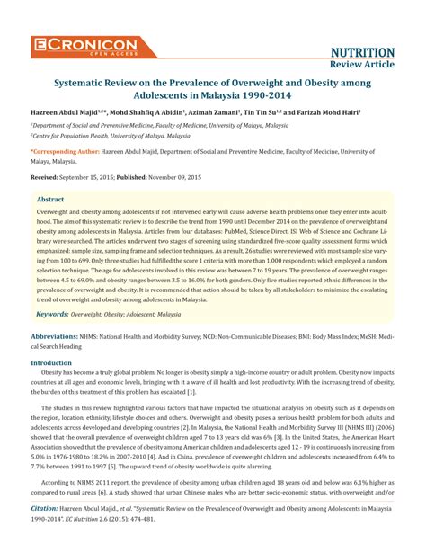 Executive summary malaysia and indonesia have the highest proportion of obese and overweight citizens in asean, and unsurprisingly, both countries … introduction obesity is influenced by factors such as rising income, urbanisation, shifting lifestyles and genetic aspects. (PDF) NUTRITION Review Article Systematic Review on the ...