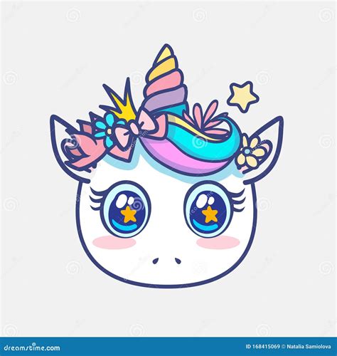 Kawaii Unicorn Face Cute Character With Big Anime Eyes Stock Vector