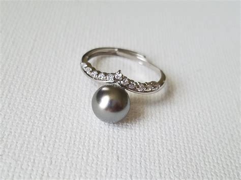 Grey Pearl Silver Ring Swarovski Gray Pearl Ring Charcoal Etsy Gray