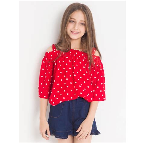Girls Tops Red Dot Off Shoulder Sweet T Shirt Summer Teen Girls Clothes Size 6 7 8 9 10 12 14