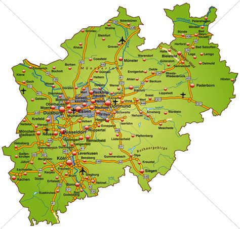 Wo sich das coronavirus ausbreitet. Karte von Nordrhein-Westfalen mit Verkehrsnetz in - Stock ...